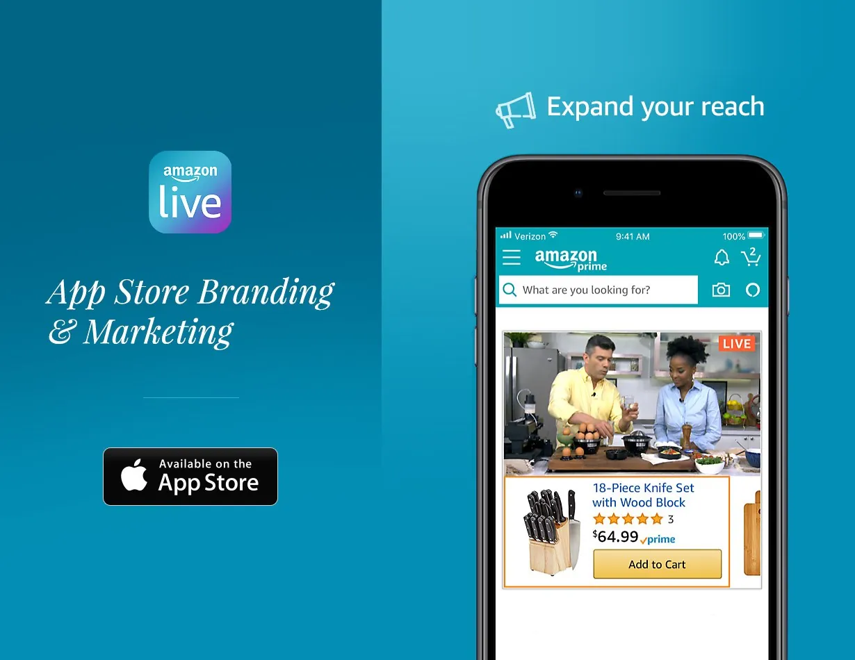 The Amazon Live app icon over “App Store Branding & Marketing” and an App Store badge, beside a phone showing a live stream on Amazon under “Expand your reach”