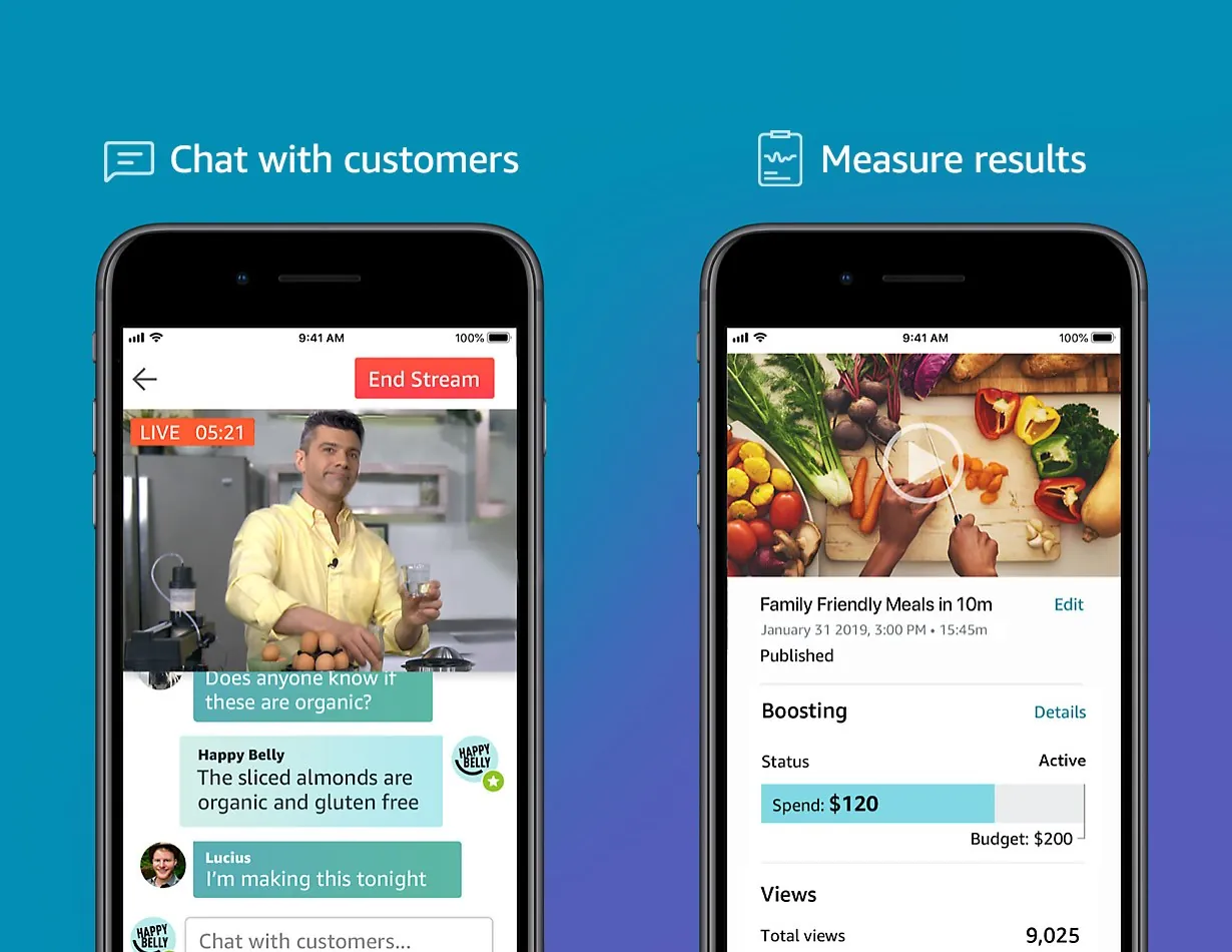 Two phones: a creator chatting with customers during a stream, under “Chat with customers”, and a stream’s views and boosting, under “Measure results”