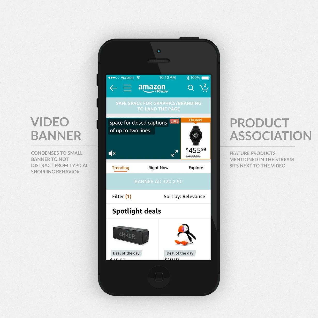 A wireframe of the livestream on Amazon's mobile app: a video banner above the products it features