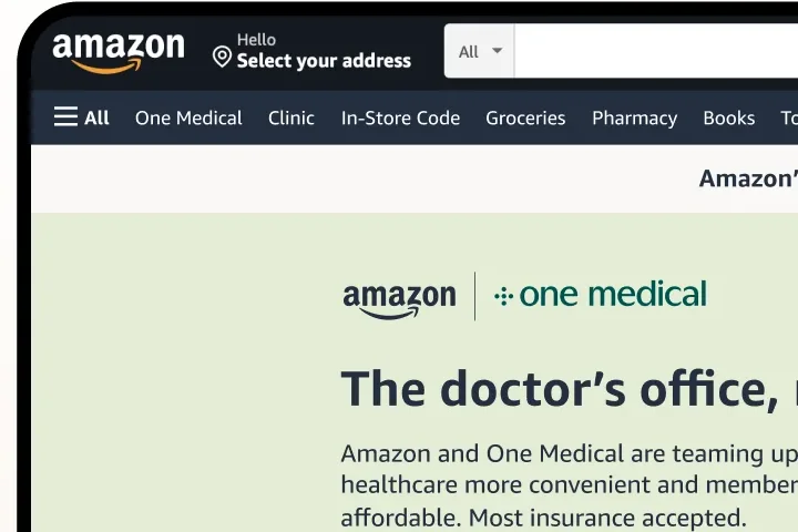 The Amazon global navigation with a One Medical entry, above the landing page hero.