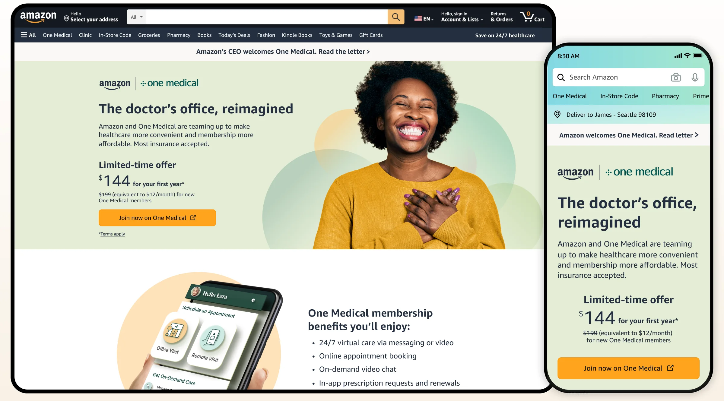 The final Amazon landing page for One Medical membership on desktop and phone: a co-branded header, the headline “The doctor’s office, reimagined”, a limited-time first-year price of $144, a Join now button, and a list of membership benefits.