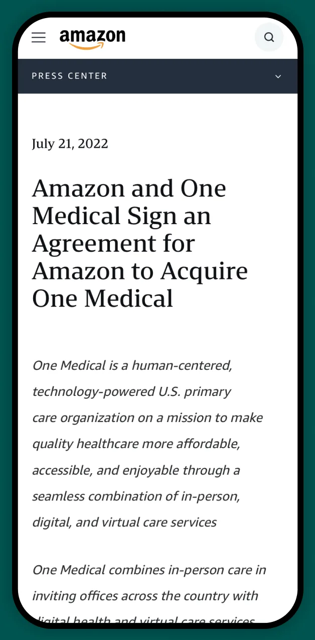 The Amazon Press Center article of 21 July 2022, headlined “Amazon and One Medical Sign an Agreement for Amazon to Acquire One Medical”, shown on a phone.