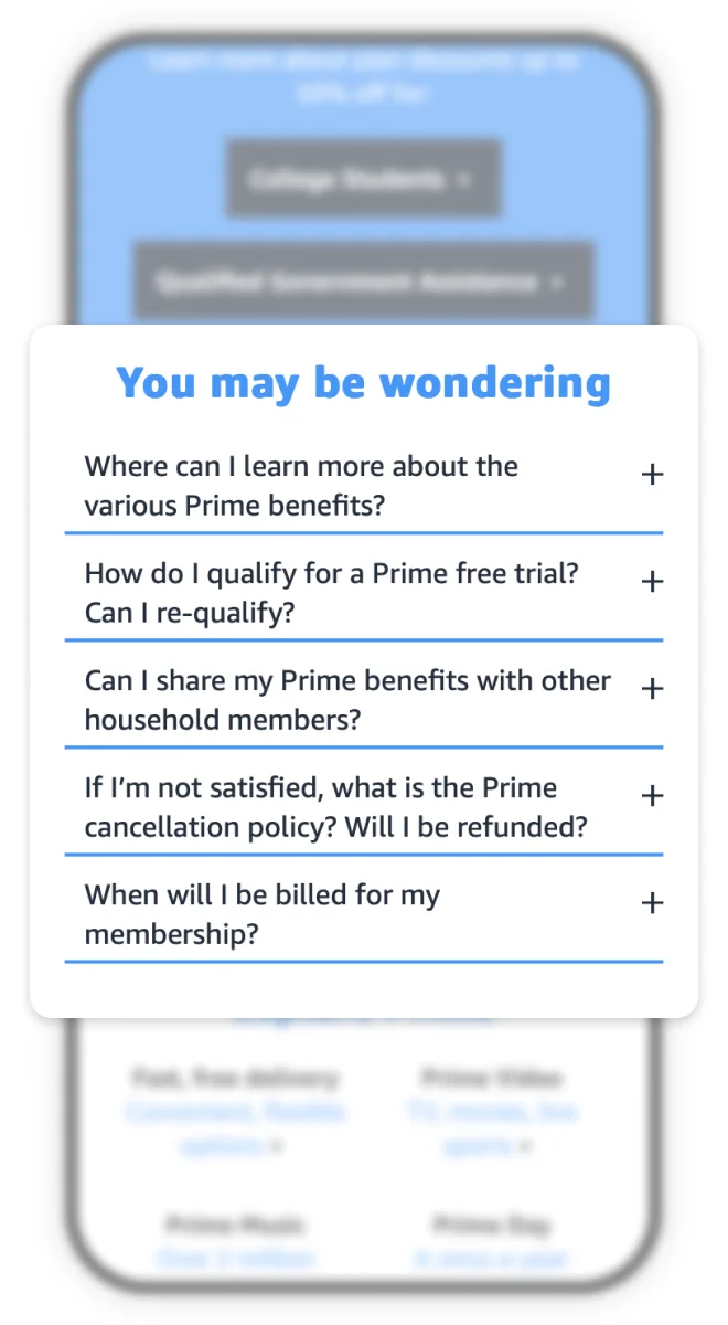 An Amazon Prime screen with a “You may be wondering” FAQ list lifted out sharp over a blurred page.