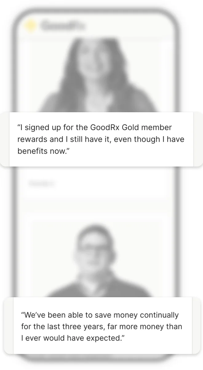 A GoodRx Gold screen with two member testimonials lifted out sharp over blurred portraits.