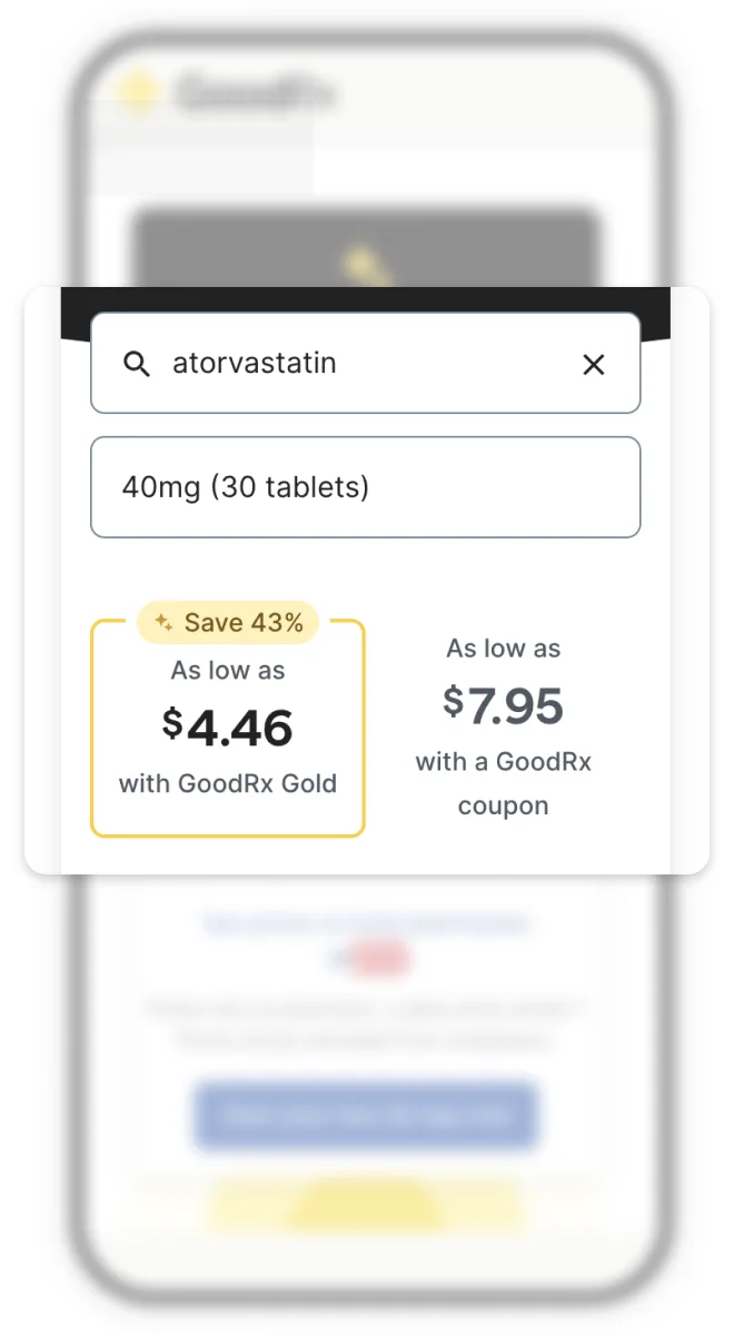 A GoodRx Gold screen with a sharp price widget over a blurred page: a drug search, the dose, and the Gold price beside the coupon price.