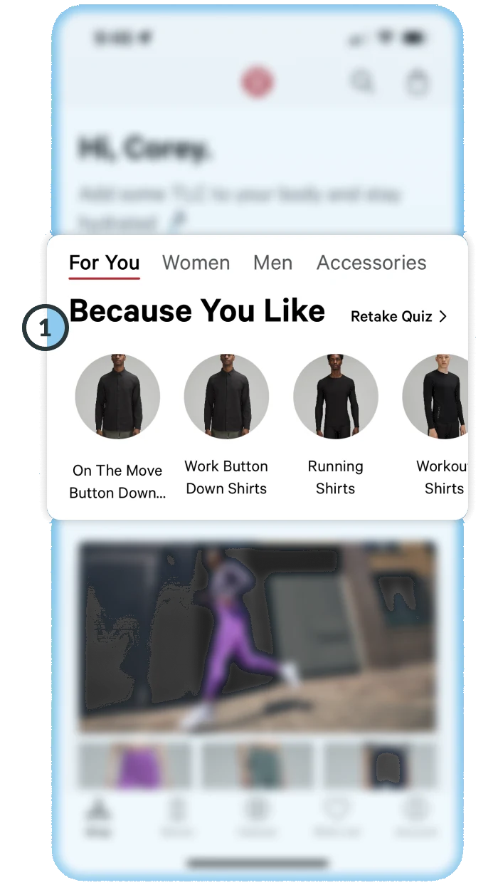 The lululemon app home screen on a phone, with a “Because You Like” row of recommended shirts lifted out and marked 1.