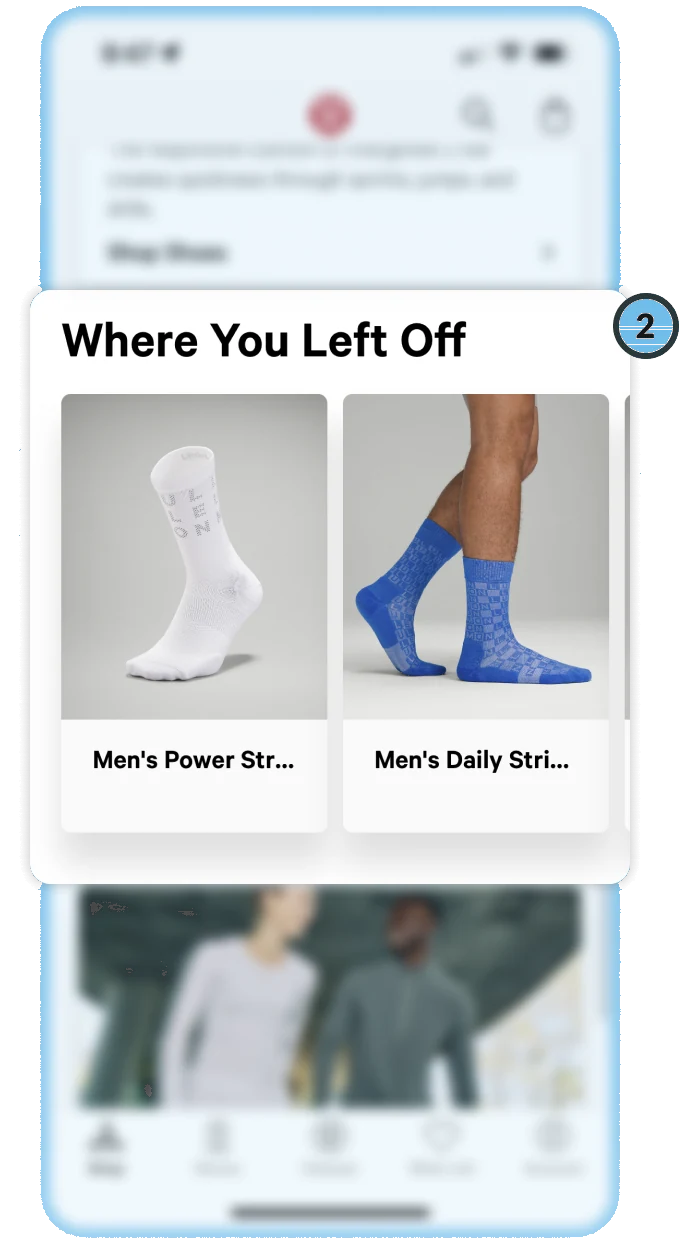 The lululemon app on a phone, with a “Where You Left Off” card of recently viewed socks lifted out and marked 2.