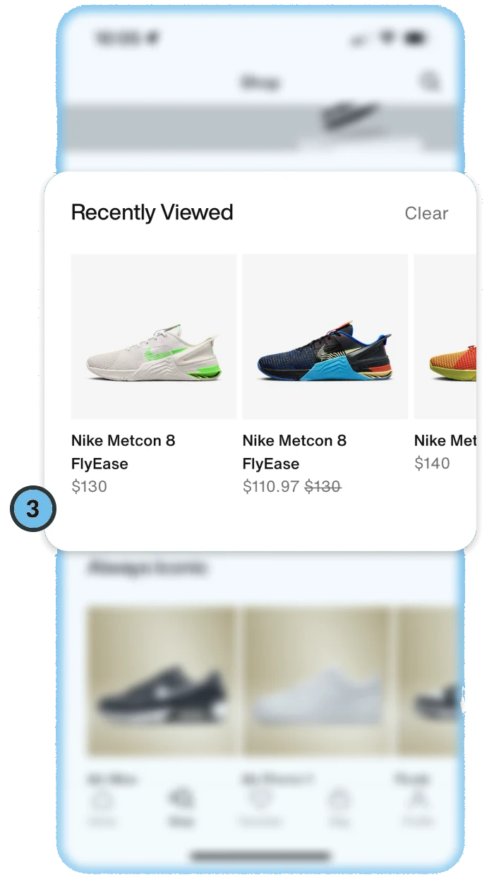 The Nike app shop screen on a phone, with a “Recently Viewed” row of Metcon shoes and their prices lifted out and marked 3.