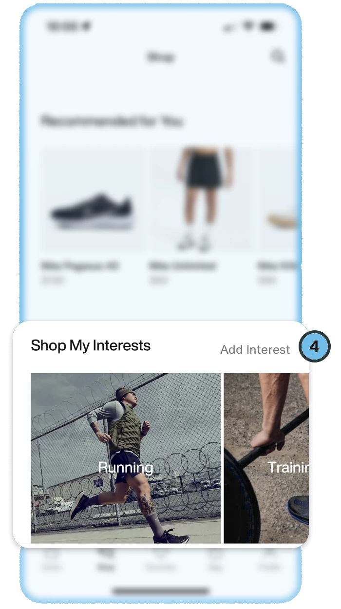 The Nike app on a phone, with a “Shop My Interests” card of Running and Training tiles lifted out and marked 4.