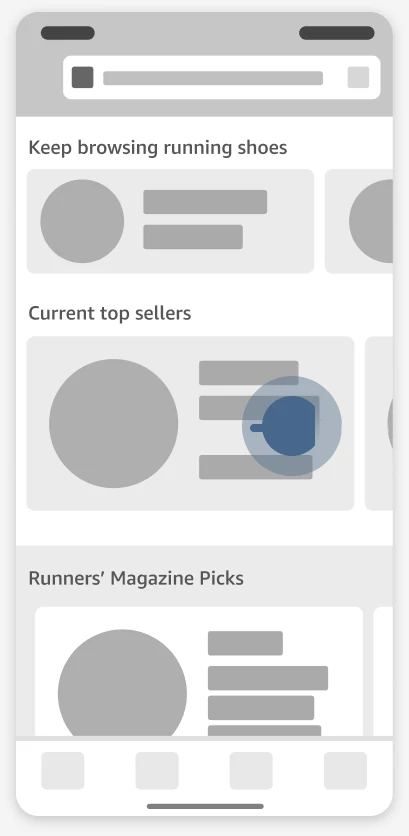 The landing page wireframe, with a tap on a product under “Current top sellers”.