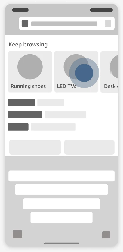 The search wireframe, with a tap on LED TVs in the “Keep browsing” row.