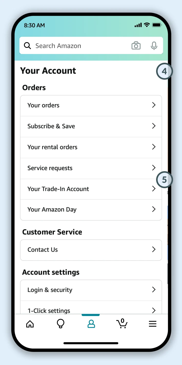 The Amazon app Your Account screen on a phone, with markers 4 and 5 on the account heading and the long list of order and settings options.