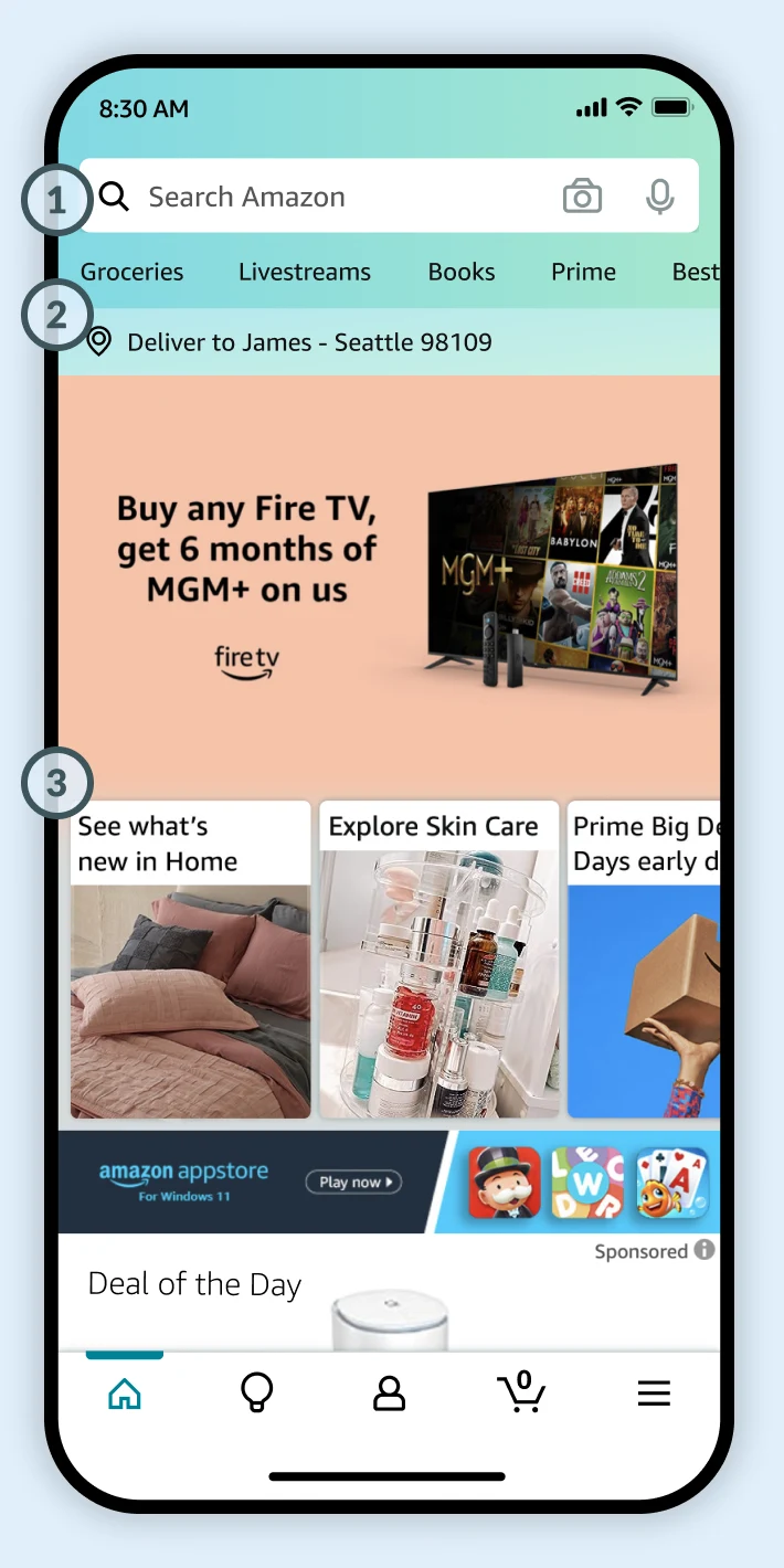 The Amazon app home screen on a phone, with markers 1 to 3 on the search bar, the category navigation, and the dashboard cards below a Fire TV promotion.