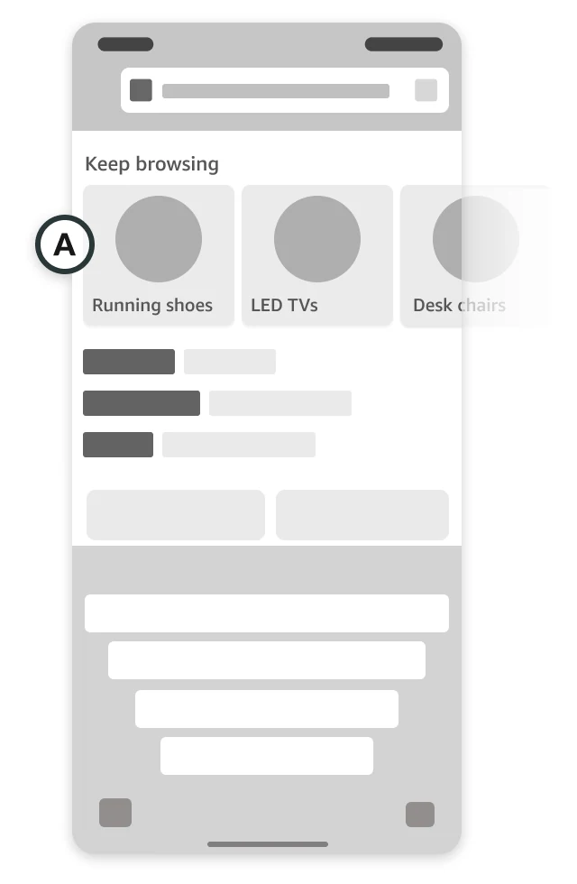 A greyscale wireframe of the Amazon search screen before a query: a “Keep browsing” row of Running shoes, LED TVs and Desk chairs, marked A, over recent searches and the keyboard.