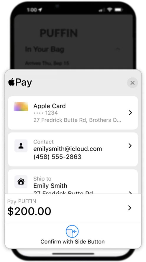 An Apple Pay sheet over a shop’s bag: card, contact and shipping address on one screen, the total, and Confirm with Side Button.