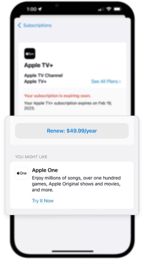 Apple’s Subscriptions screen for an expiring Apple TV+ plan: a single Renew button with the yearly price, and a You might like suggestion for Apple One.