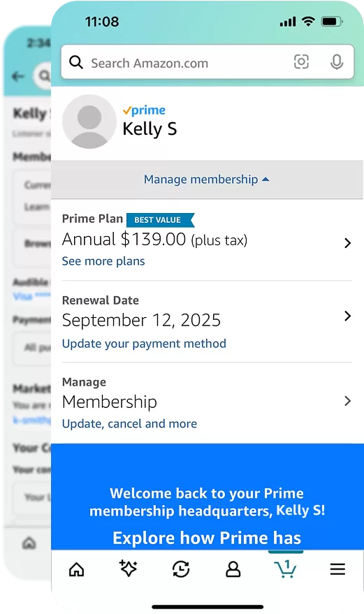 The Amazon app’s Prime membership page: the plan and price, the renewal date and payment method, and a Manage membership section with update and cancel links.