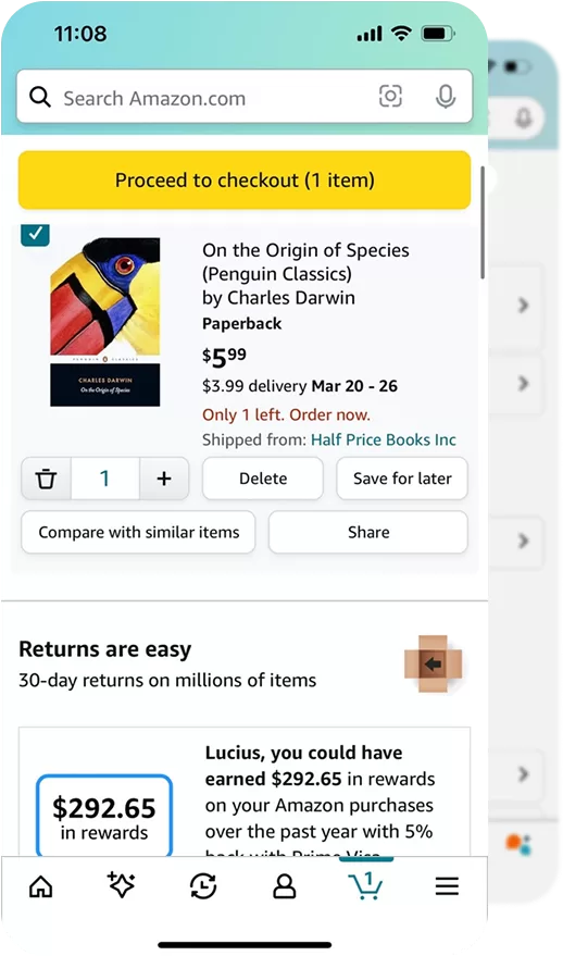 The Amazon app’s cart: a Proceed to checkout button over one item with its price, delivery estimate and quantity controls.